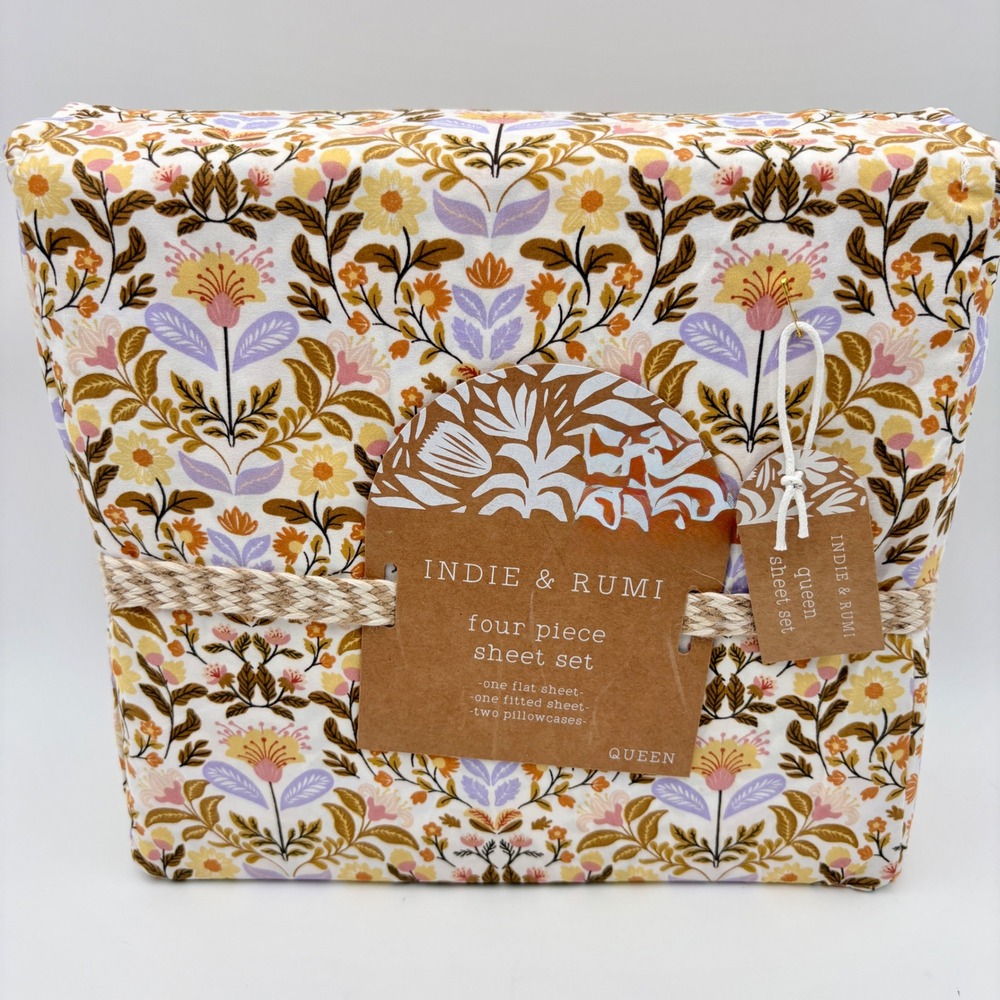 Indie & Rumi Queen 4 Piece Sheet Set Floral Botanical Boho Mustard Lavender NEW